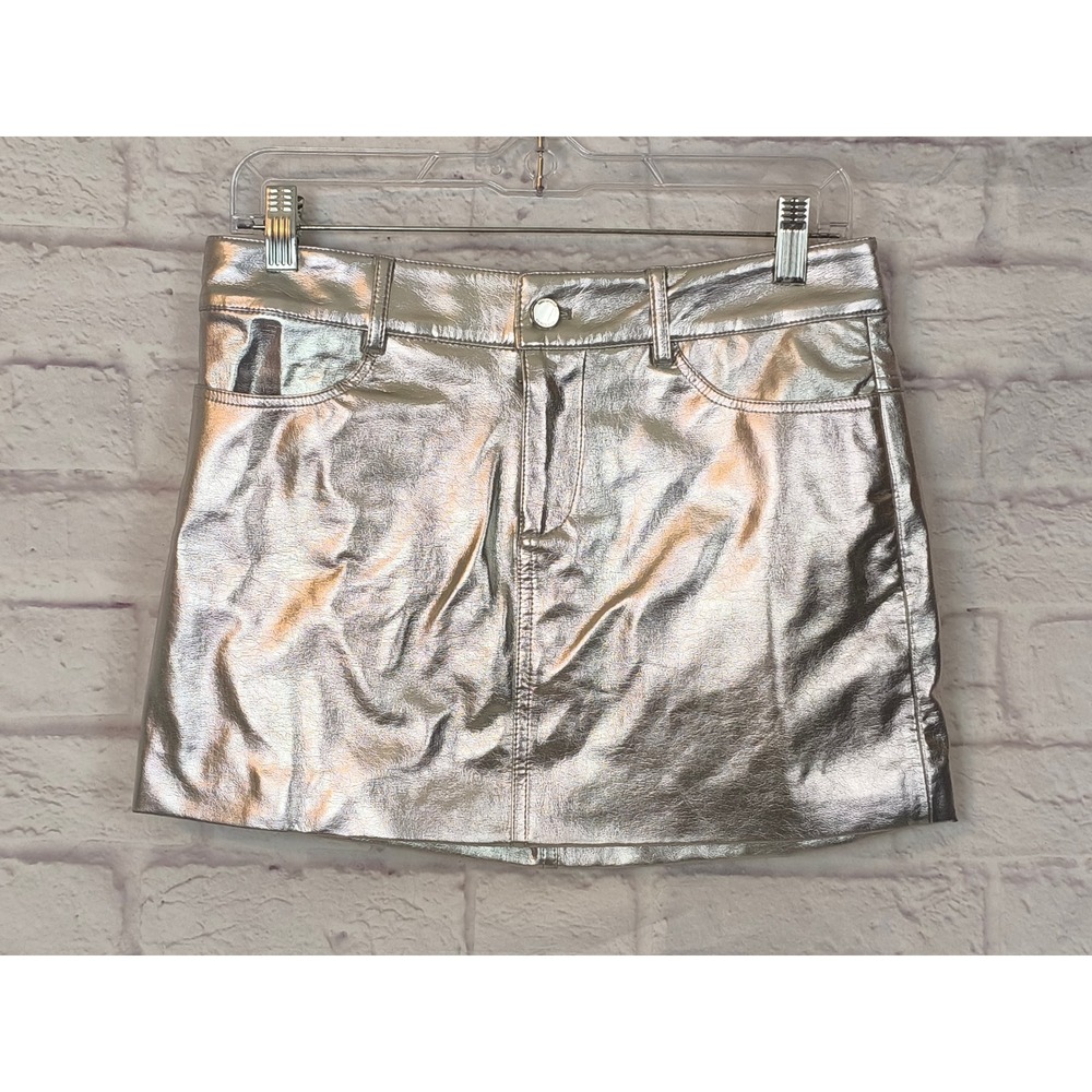 MNG Mango Metallic Silver Faux Leather Mini Skirt Size S Party NYE Club